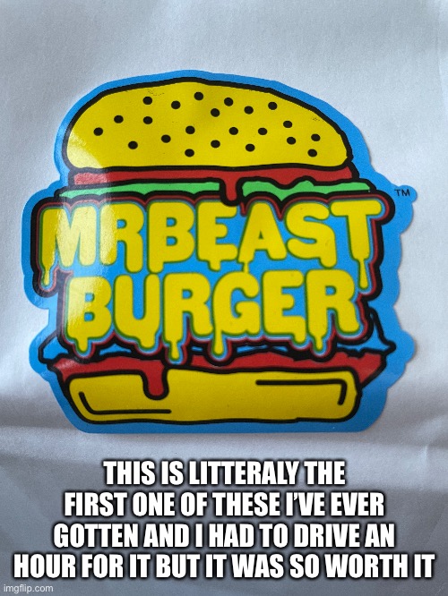 THIS IS LITTERALY THE FIRST ONE OF THESE I’VE EVER GOTTEN AND I HAD TO DRIVE AN HOUR FOR IT BUT IT WAS SO WORTH IT | image tagged in mrbeast,burger | made w/ Imgflip meme maker