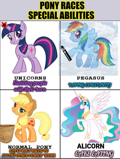 Special powers | PONY RACES SPECIAL ABILITIES; VAPING CONSTANTLY; Stabbing people with their horn; ALICORN; SLAVE RACE BREED TO DO THE OTHER PONIES' WORK; CAKE EATING | image tagged in pony,special,powers,mlp | made w/ Imgflip meme maker