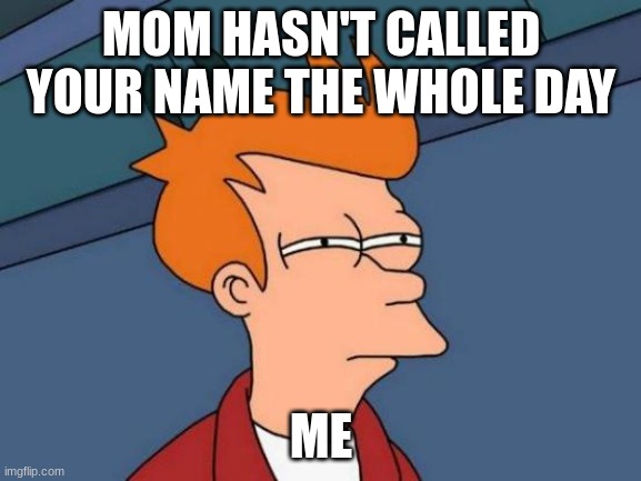 hmmmm | MOM HASN'T CALLED YOUR NAME THE WHOLE DAY; ME | image tagged in memes,futurama fry | made w/ Imgflip meme maker