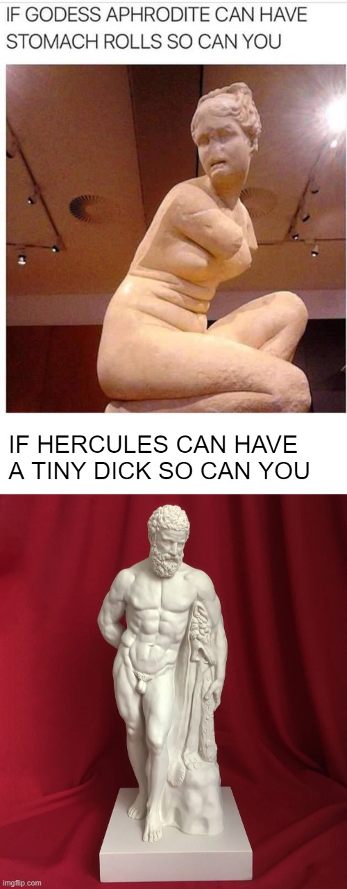 Greek Statues eh | IF HERCULES CAN HAVE A TINY DICK SO CAN YOU | image tagged in body image,beauty,beauty standards,encouragement | made w/ Imgflip meme maker