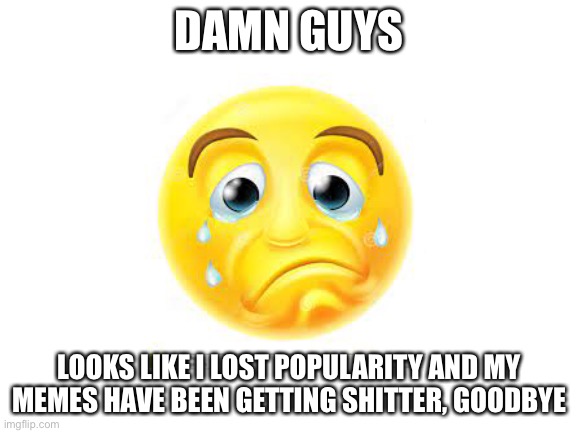 damn | DAMN GUYS; LOOKS LIKE I LOST POPULARITY AND MY MEMES HAVE BEEN GETTING SHITTER, GOODBYE | image tagged in blank white template | made w/ Imgflip meme maker