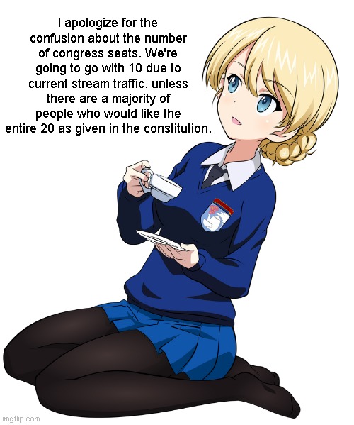Darjeeling drinking tea | I apologize for the confusion about the number of congress seats. We're going to go with 10 due to current stream traffic, unless there are a majority of people who would like the entire 20 as given in the constitution. | image tagged in darjeeling drinking tea | made w/ Imgflip meme maker