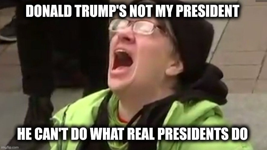 Screaming Liberal  | DONALD TRUMP'S NOT MY PRESIDENT HE CAN'T DO WHAT REAL PRESIDENTS DO | image tagged in screaming liberal | made w/ Imgflip meme maker