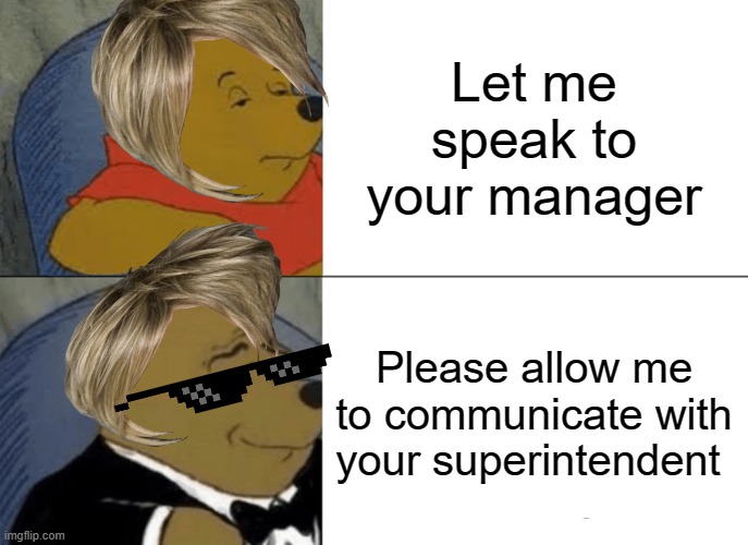 use manners, KAREN | Let me speak to your manager; Please allow me to communicate with your superintendent | image tagged in memes,tuxedo winnie the pooh | made w/ Imgflip meme maker