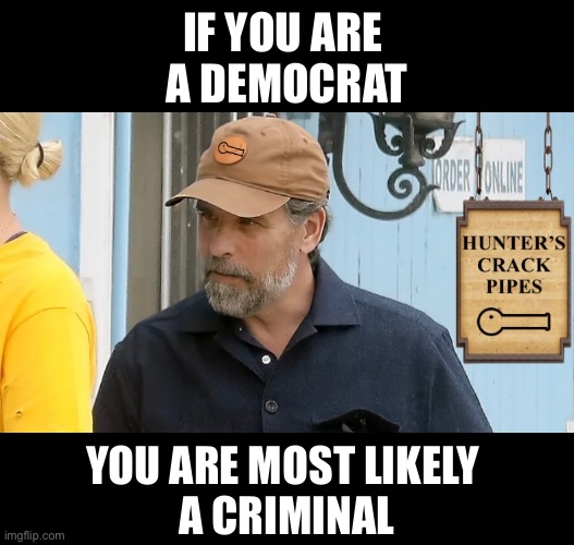 A lot of Democrats don’t respect the law. | IF YOU ARE 
A DEMOCRAT; YOU ARE MOST LIKELY 
A CRIMINAL | image tagged in hunter biden,biden,joe biden,democrat party,democrats,criminals | made w/ Imgflip meme maker
