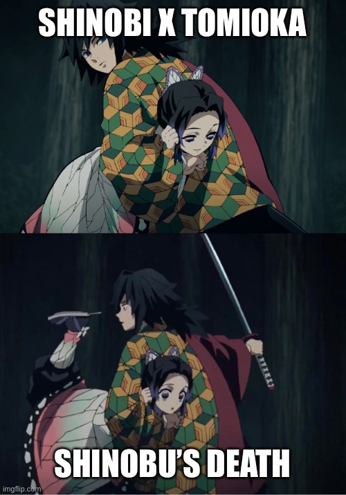 Demon Slayer Shinobu and Giyu | SHINOBI X TOMIOKA; SHINOBU’S DEATH | image tagged in demon slayer shinobu and giyu | made w/ Imgflip meme maker