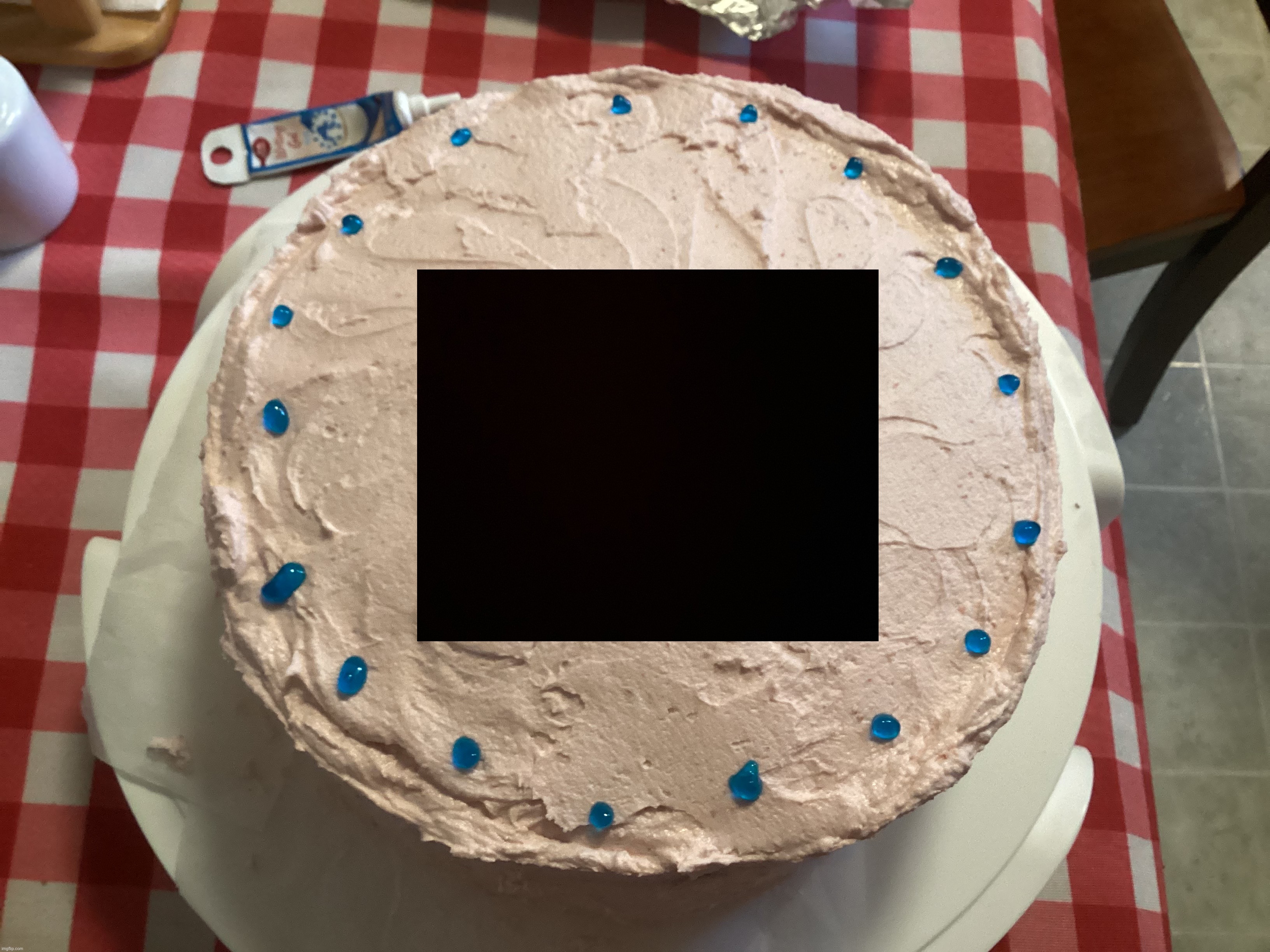 Picture of the cake I made for my birthday, censored bc personal info | made w/ Imgflip meme maker