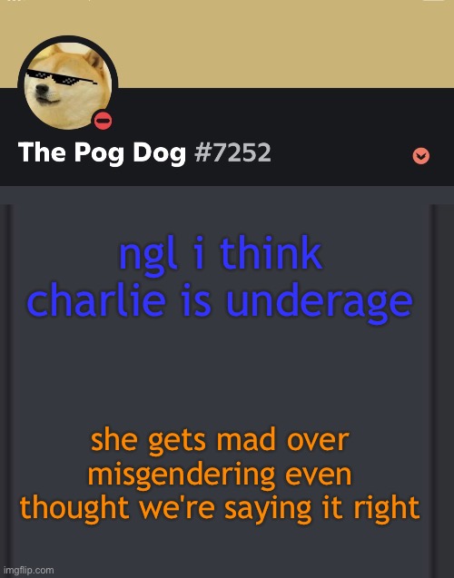 epic doggos epic discord temp | ngl i think charlie is underage; she gets mad over misgendering even thought we're saying it right | image tagged in epic doggos epic discord temp | made w/ Imgflip meme maker