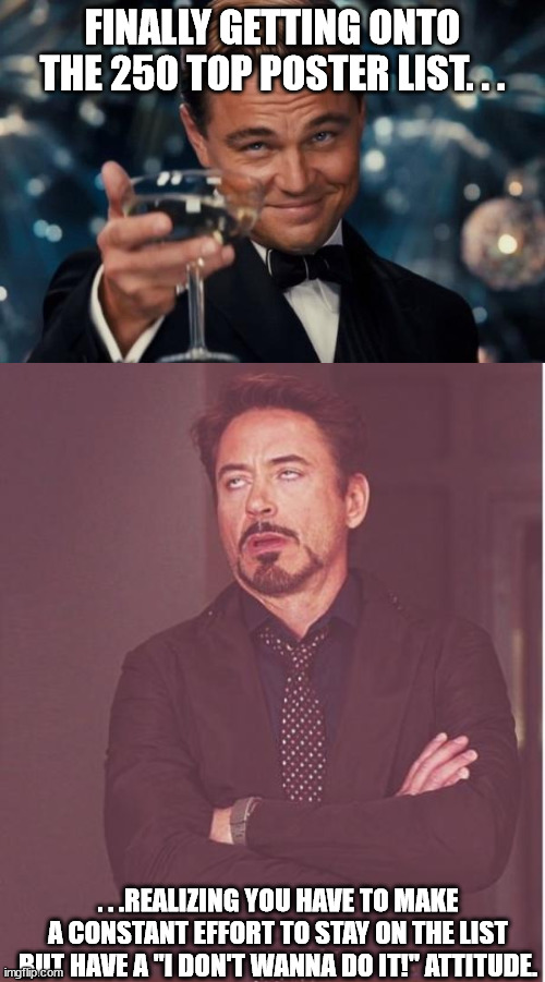 Well I made it. . .now what? | FINALLY GETTING ONTO THE 250 TOP POSTER LIST. . . . . .REALIZING YOU HAVE TO MAKE A CONSTANT EFFORT TO STAY ON THE LIST BUT HAVE A "I DON'T WANNA DO IT!" ATTITUDE. | image tagged in memes,leonardo dicaprio cheers,face you make robert downey jr,lazy | made w/ Imgflip meme maker