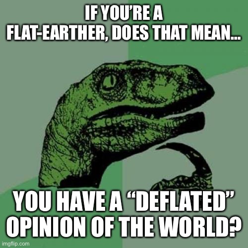 Flat-earthers 2 | IF YOU’RE A FLAT-EARTHER, DOES THAT MEAN…; YOU HAVE A “DEFLATED” OPINION OF THE WORLD? | image tagged in memes,philosoraptor,flat earthers,dark humor,humor,deep thoughts | made w/ Imgflip meme maker