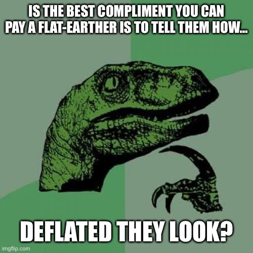 Flat-earthers 4 | IS THE BEST COMPLIMENT YOU CAN PAY A FLAT-EARTHER IS TO TELL THEM HOW…; DEFLATED THEY LOOK? | image tagged in memes,philosoraptor,dark humor,flat earthers,humor,deep thoughts | made w/ Imgflip meme maker