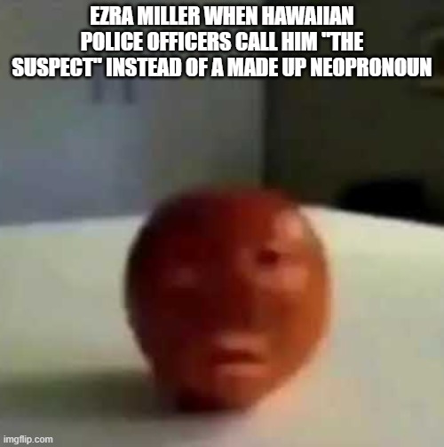 I wanted to make an Ezra Miller meme since everybody is talking about him | EZRA MILLER WHEN HAWAIIAN POLICE OFFICERS CALL HIM "THE SUSPECT" INSTEAD OF A MADE UP NEOPRONOUN | image tagged in fruit having a mental breakdown,memes | made w/ Imgflip meme maker
