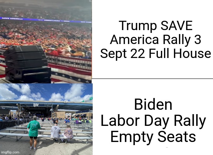Two Different Rallys | Trump SAVE America Rally 3 Sept 22 Full House; Biden Labor Day Rally Empty Seats | image tagged in memes,rally,politics | made w/ Imgflip meme maker