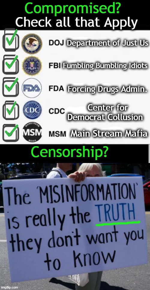 In Government We Trust | Compromised? Check all that Apply; Department of Just Us; Fumbling Bumbling Idiots; Forcing Drugs Admin. Center for Democrat Collusion; Censorship? Main Stream Mafia | image tagged in politics,doj,fbi,msm,cdc fda,truth | made w/ Imgflip meme maker
