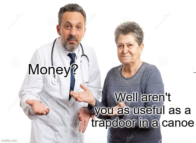 Money? Well aren't you as useful as a trapdoor in a canoe | image tagged in comedy | made w/ Imgflip meme maker
