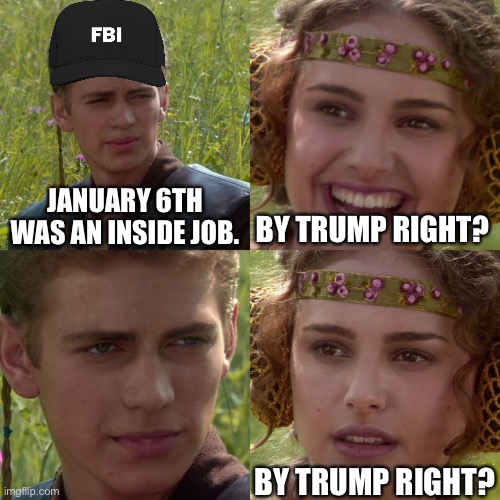 She has no idea |  JANUARY 6TH WAS AN INSIDE JOB. BY TRUMP RIGHT? BY TRUMP RIGHT? | image tagged in anakin padme 4 panel | made w/ Imgflip meme maker