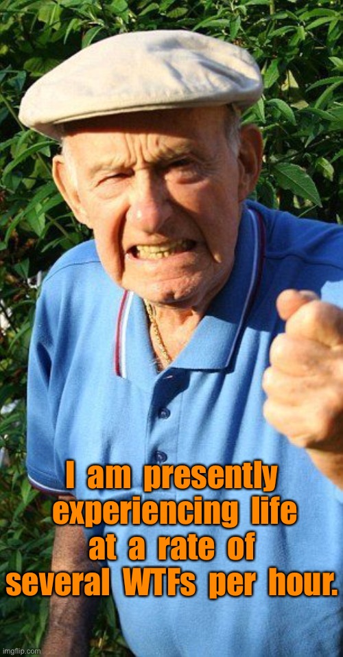 Angry old man | I  am  presently  experiencing  life  at  a  rate  of  several  WTFs  per  hour. | image tagged in old man is angered,several,wtfs per hour | made w/ Imgflip meme maker