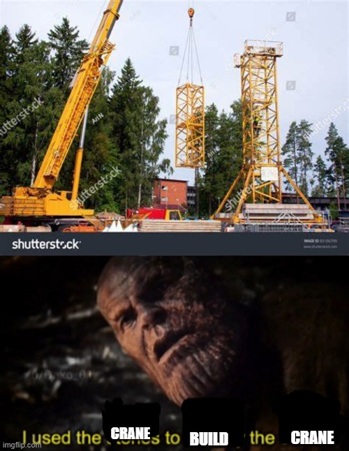 To build a crane you need a... crane?? | CRANE; CRANE; BUILD | image tagged in thanos i used the stones to destroy the stones | made w/ Imgflip meme maker