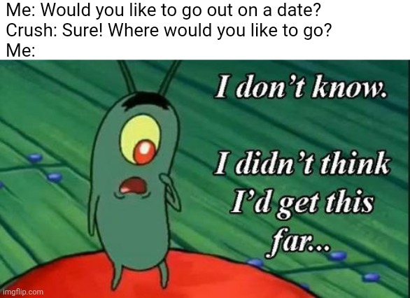 Based on a true story... or not | Me: Would you like to go out on a date?
Crush: Sure! Where would you like to go?
Me: | image tagged in i don't know i didn't think i'd get this far | made w/ Imgflip meme maker