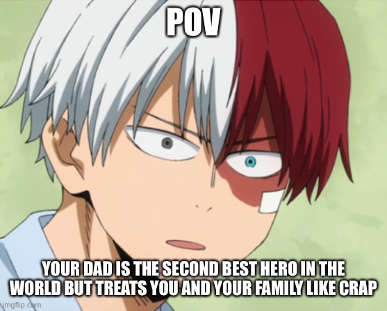 Surprised todoroki | POV; YOUR DAD IS THE SECOND BEST HERO IN THE WORLD BUT TREATS YOU AND YOUR FAMILY LIKE CRAP | image tagged in surprised todoroki | made w/ Imgflip meme maker