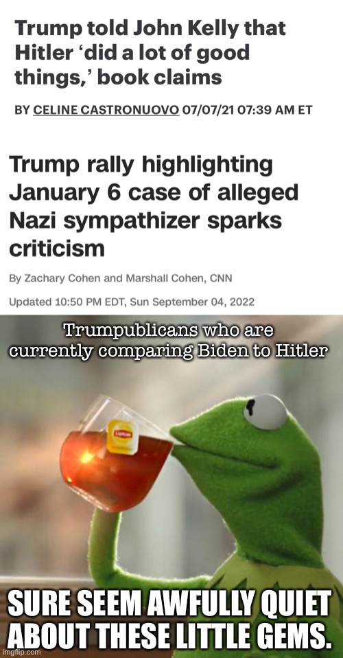 Remind me who the Nazis are again. | Trumpublicans who are currently comparing Biden to Hitler; SURE SEEM AWFULLY QUIET ABOUT THESE LITTLE GEMS. | image tagged in memes,but that's none of my business,joe biden,donald trump,nazi,conservative hypocrisy | made w/ Imgflip meme maker