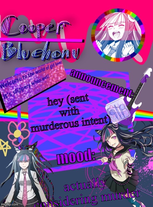 Why the fuck do you want to murder- -silenc | hey (sent with murderous intent); actually considering murder | image tagged in cooper s ibuki template | made w/ Imgflip meme maker