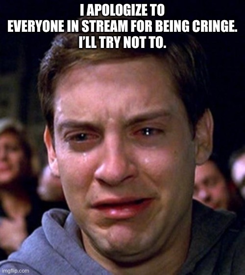 crying peter parker | I APOLOGIZE TO EVERYONE IN STREAM FOR BEING CRINGE.
I’LL TRY NOT TO. | image tagged in crying peter parker | made w/ Imgflip meme maker