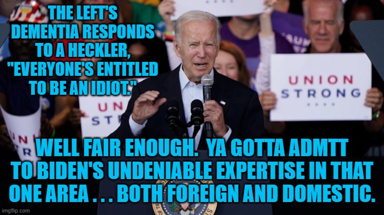 Biden . . . the Left's president. | THE LEFT'S DEMENTIA RESPONDS TO A HECKLER, "EVERYONE'S ENTITLED TO BE AN IDIOT."; WELL FAIR ENOUGH.  YA GOTTA ADMTT TO BIDEN'S UNDENIABLE EXPERTISE IN THAT ONE AREA . . . BOTH FOREIGN AND DOMESTIC. | image tagged in idiot | made w/ Imgflip meme maker
