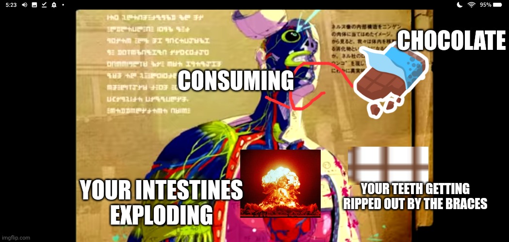 CHOCOLATE CONSUMING YOUR INTESTINES EXPLODING YOUR TEETH GETTING RIPPED OUT BY THE BRACES | made w/ Imgflip meme maker