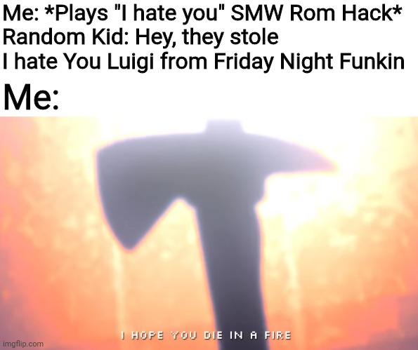 Die In A Fire |  Me: *Plays "I hate you" SMW Rom Hack*
Random Kid: Hey, they stole I hate You Luigi from Friday Night Funkin; Me: | image tagged in die in a fire,friday night funkin | made w/ Imgflip meme maker