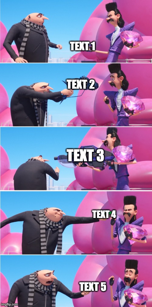 Gru vs Bratt | TEXT 1; TEXT 2; TEXT 3; TEXT 4; TEXT 5 | image tagged in gru vs brat,memes,custom template,new template,template,meme template | made w/ Imgflip meme maker