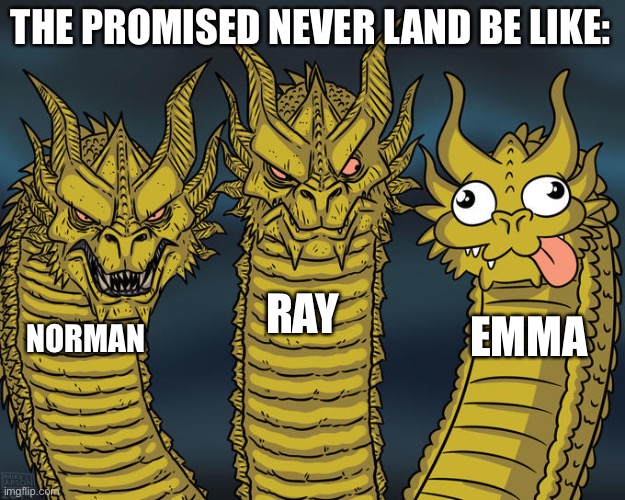 Three-headed Dragon | THE PROMISED NEVER LAND BE LIKE:; RAY; EMMA; NORMAN | image tagged in three-headed dragon | made w/ Imgflip meme maker