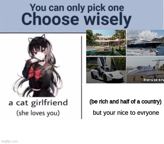 choose | (be rich and half of a country); but your nice to evryone | image tagged in choose wisely | made w/ Imgflip meme maker