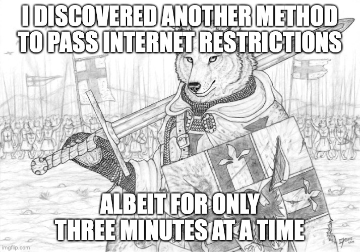 Fursader. | I DISCOVERED ANOTHER METHOD TO PASS INTERNET RESTRICTIONS; ALBEIT FOR ONLY THREE MINUTES AT A TIME | image tagged in fursader | made w/ Imgflip meme maker