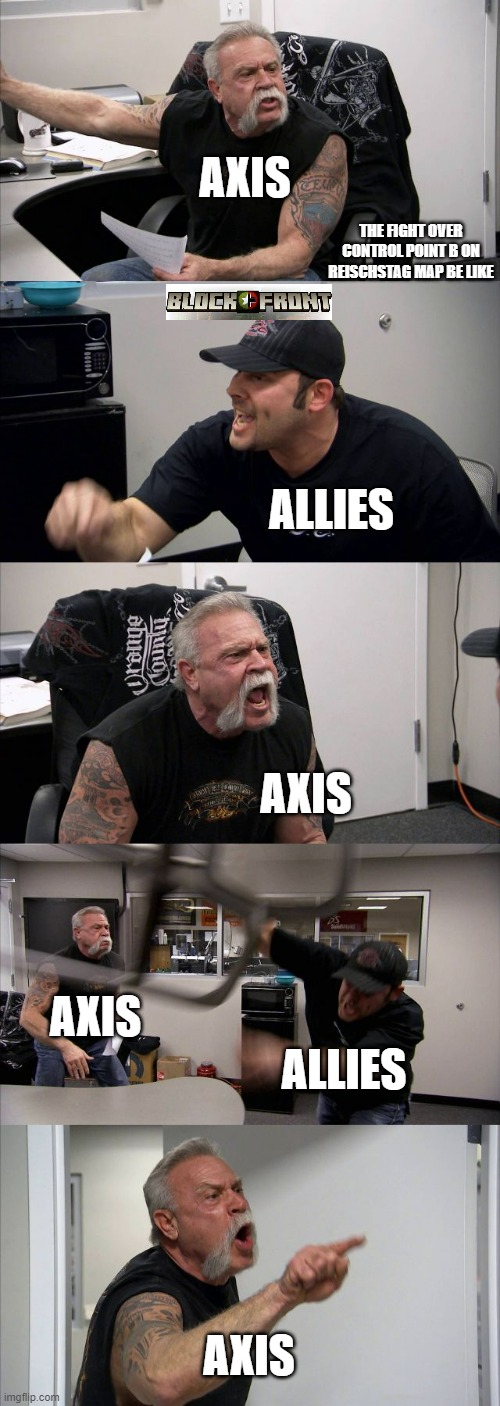 American Chopper Argument | AXIS; THE FIGHT OVER CONTROL POINT B ON REISCHSTAG MAP BE LIKE; ALLIES; AXIS; AXIS; ALLIES; AXIS | image tagged in memes,american chopper argument | made w/ Imgflip meme maker