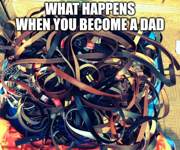 Pile of belts | WHAT HAPPENS WHEN YOU BECOME A DAD | image tagged in pile of belts | made w/ Imgflip meme maker