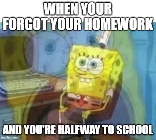 total chaos of 3 braincells | WHEN YOUR FORGOT YOUR HOMEWORK; AND YOU'RE HALFWAY TO SCHOOL | image tagged in inside screaming spongebob | made w/ Imgflip meme maker