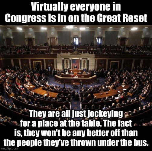 Why else are they legislating the United States into oblivion? |  Virtually everyone in Congress is in on the Great Reset; They are all just jockeying for a place at the table. The fact is, they won't be any better off than the people they've thrown under the bus. | image tagged in congress | made w/ Imgflip meme maker