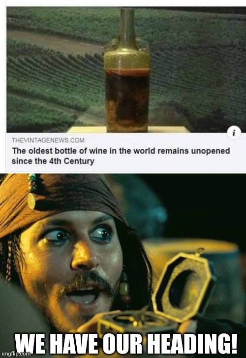 A QUEST FOR ANCIENT WINE! | WE HAVE OUR HEADING! | image tagged in memes,wine,alcohol,pirates,jack sparrow | made w/ Imgflip meme maker