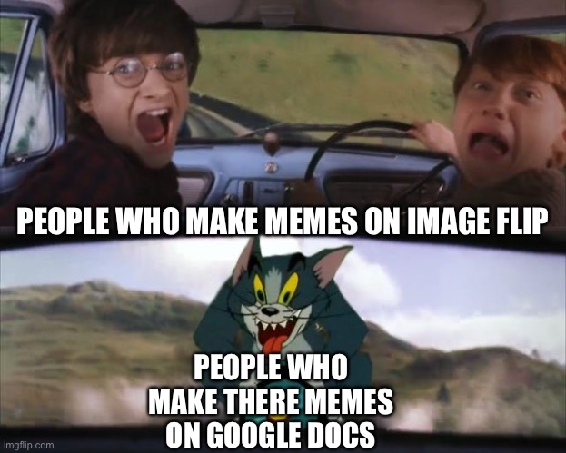 Tom chasing Harry and Ron Weasly | PEOPLE WHO MAKE MEMES ON IMAGE FLIP; PEOPLE WHO MAKE THERE MEMES ON GOOGLE DOCS | image tagged in tom chasing harry and ron weasly | made w/ Imgflip meme maker