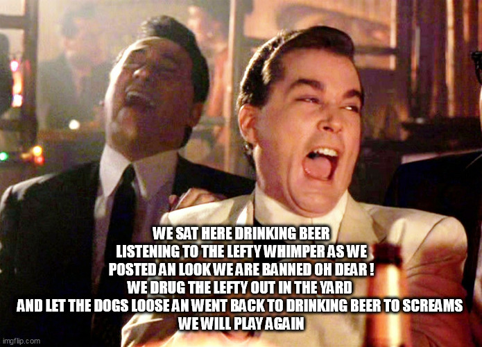 Good Fellas Hilarious Meme | WE SAT HERE DRINKING BEER LISTENING TO THE LEFTY WHIMPER AS WE POSTED AN LOOK WE ARE BANNED OH DEAR !
WE DRUG THE LEFTY OUT IN THE YARD  AND LET THE DOGS LOOSE AN WENT BACK TO DRINKING BEER TO SCREAMS 
WE WILL PLAY AGAIN | image tagged in memes,good fellas hilarious | made w/ Imgflip meme maker