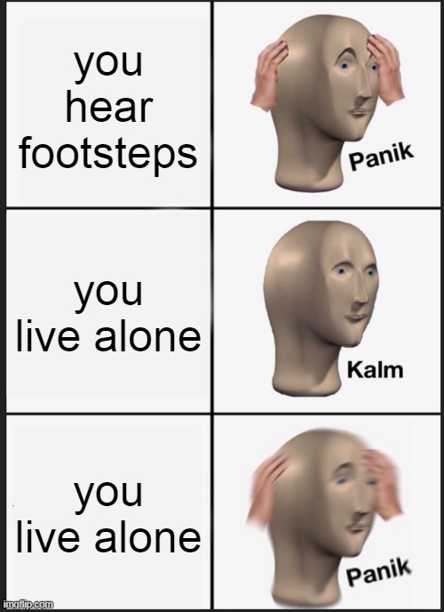 lol | you hear footsteps; you live alone; you live alone | image tagged in memes,panik kalm panik | made w/ Imgflip meme maker