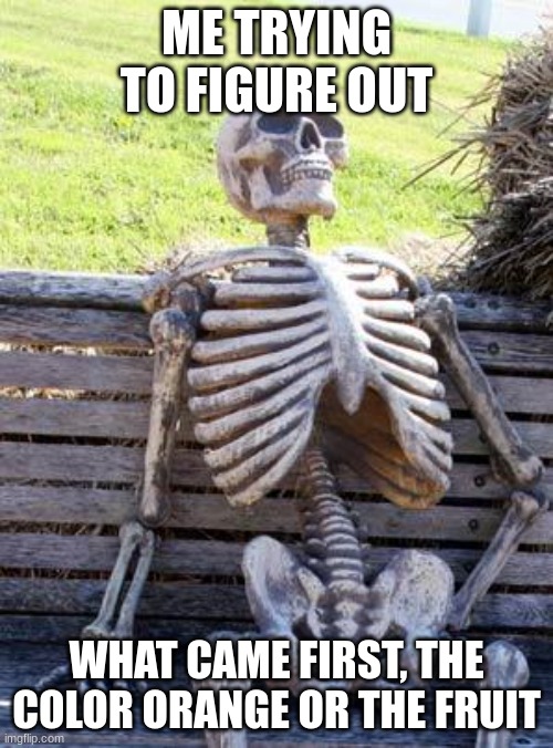 orange | ME TRYING TO FIGURE OUT; WHAT CAME FIRST, THE COLOR ORANGE OR THE FRUIT | image tagged in memes,waiting skeleton | made w/ Imgflip meme maker