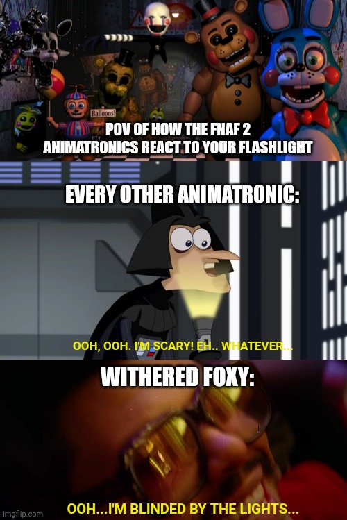 Fnaf 2 and your flashlight | POV OF HOW THE FNAF 2 ANIMATRONICS REACT TO YOUR FLASHLIGHT; EVERY OTHER ANIMATRONIC:; OOH, OOH. I'M SCARY! EH.. WHATEVER... WITHERED FOXY:; OOH...I'M BLINDED BY THE LIGHTS... | image tagged in fnaf,fnaf 2,the weeknd,foxy five nights at freddy's,fnaf2 | made w/ Imgflip meme maker