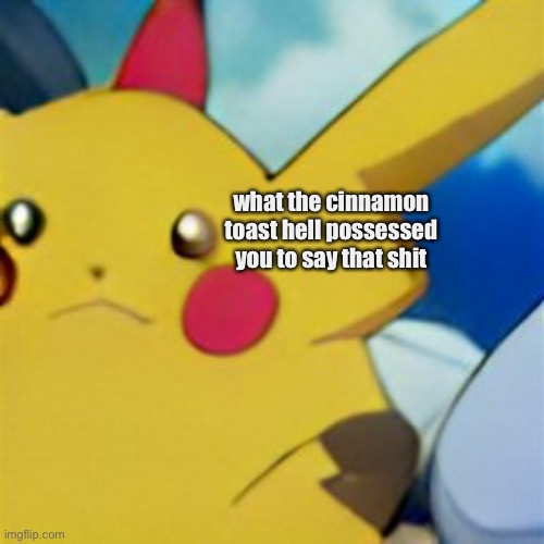 Pikachu questions if you were possessed to say that shit | what the cinnamon toast hell possessed you to say that shit | image tagged in pikachu on crack | made w/ Imgflip meme maker
