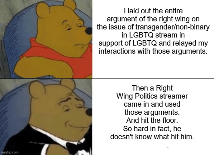 Link in comments. | I laid out the entire argument of the right wing on the issue of transgender/non-binary in LGBTQ stream in support of LGBTQ and relayed my interactions with those arguments. Then a Right Wing Politics streamer came in and used those arguments.
And hit the floor.
So hard in fact, he doesn't know what hit him. | image tagged in memes,tuxedo winnie the pooh | made w/ Imgflip meme maker