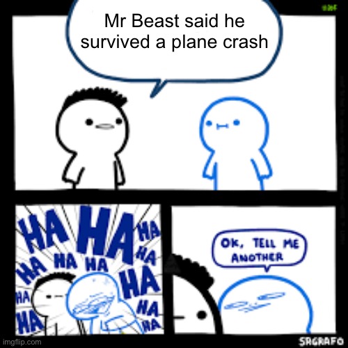 How Do I Name This 51 | Mr Beast said he survived a plane crash | image tagged in joke,memes,i need more srgrafo,oh wow are you actually reading these tags | made w/ Imgflip meme maker