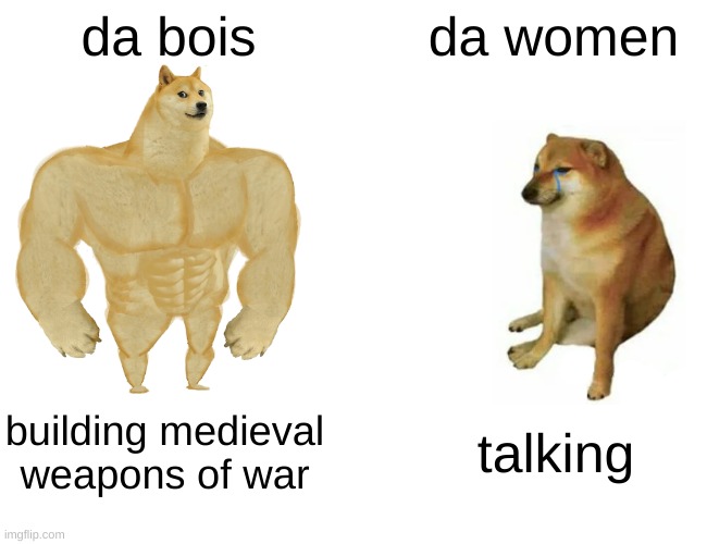Buff Doge vs. Cheems Meme | da bois; da women; building medieval weapons of war; talking | image tagged in memes,buff doge vs cheems | made w/ Imgflip meme maker