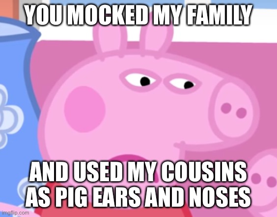 Angry Peppa Pig | YOU MOCKED MY FAMILY AND USED MY COUSINS AS PIG EARS AND NOSES | image tagged in angry peppa pig | made w/ Imgflip meme maker