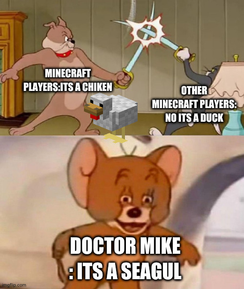 dr. mike be like up vote if u watch dr. mike (I don't up vote beg) | MINECRAFT PLAYERS:ITS A CHIKEN; OTHER MINECRAFT PLAYERS: NO ITS A DUCK; DOCTOR MIKE : ITS A SEAGUL | image tagged in tom and jerry swordfight | made w/ Imgflip meme maker